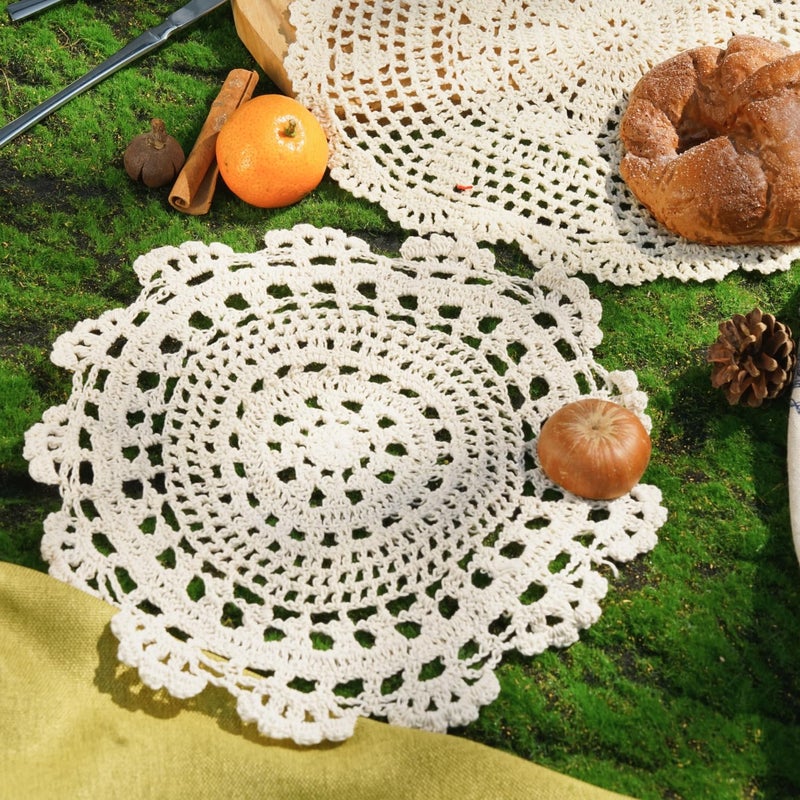 Phantomon 10 Inch Handmade Crochet Round Cotton Lace Table Placemats Doilies Pack of 4, Beige - Image 2